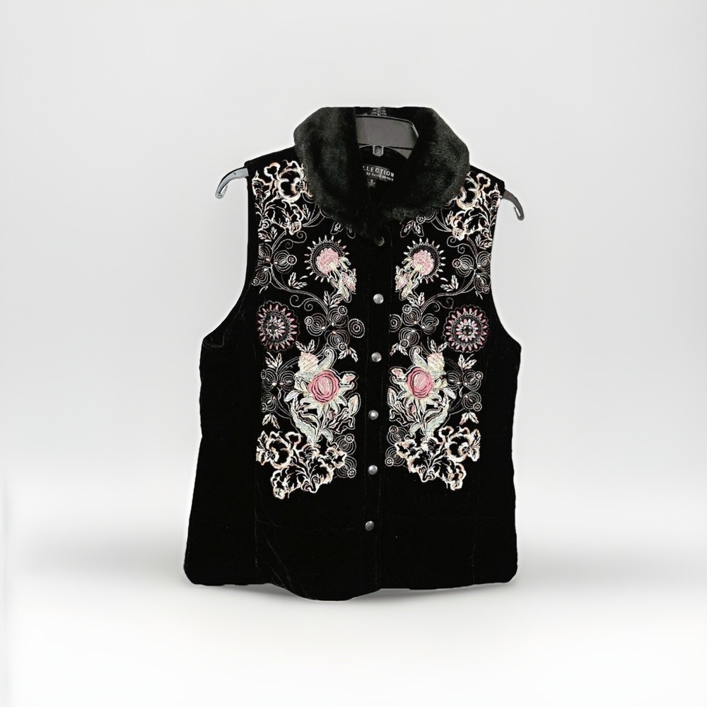 Harvé Benard‎ Black Velvet Floral Embroidered Vest w Faux Fur Collar Sz 10